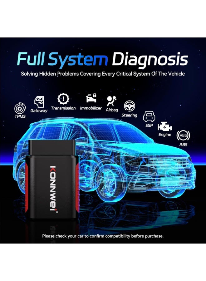 Konnwei KDIAG OBD2 Scanner Bluetooth - Full System Car Diagnostic Tool for Engine, Transmission, ABS, TPMS, AC, Steering, Battery, Others,  w/Bi-Directional Control, Oil/EPB/DPF/BMS Reset for 40+ Vehicles, Lifetime iOS Android App, AutoVIN & Case - Image 2